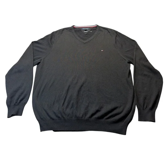 Tommy Hilfiger Men XXL Black Premium Cotton V-Neck Logo Knit Sweater Long Sleeve