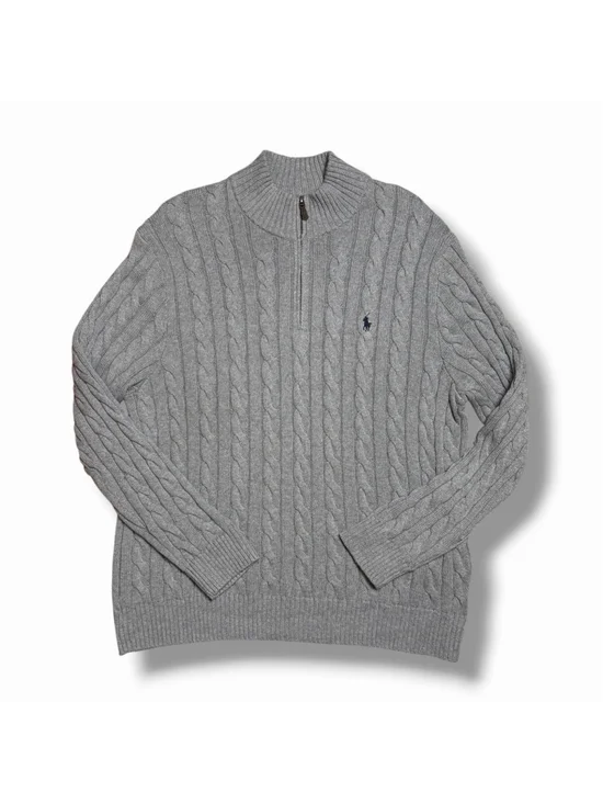 Polo Ralph Lauren Sweater Mens XXL Gray 1/4 Zip Mock Neck Cable Knit 100% Cotton