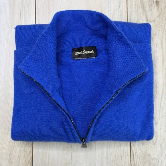 Paul Stuart 100% Cashmere Blue Quarter zip Sweater Size L Made In Italy