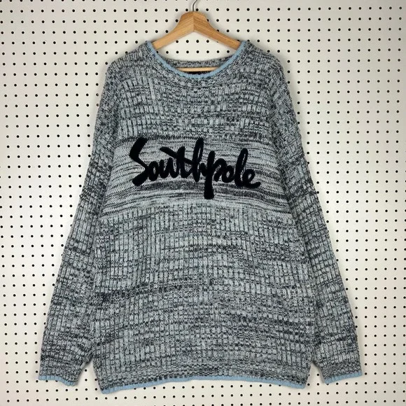 Southpole Y2K Mens XL Blue Grey Marl Script Logo Knit Sweater Chunky Skater 90s