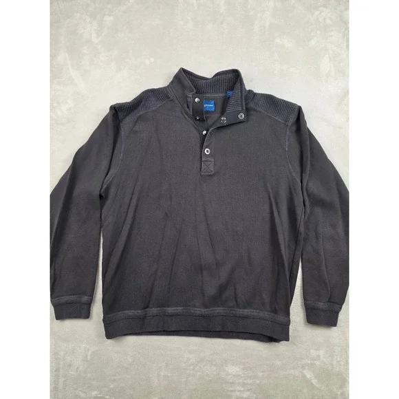Tommy Bahama Sweater Mens XL Black Pima Cotton Ribbed Shoulder Snap Mock Neck