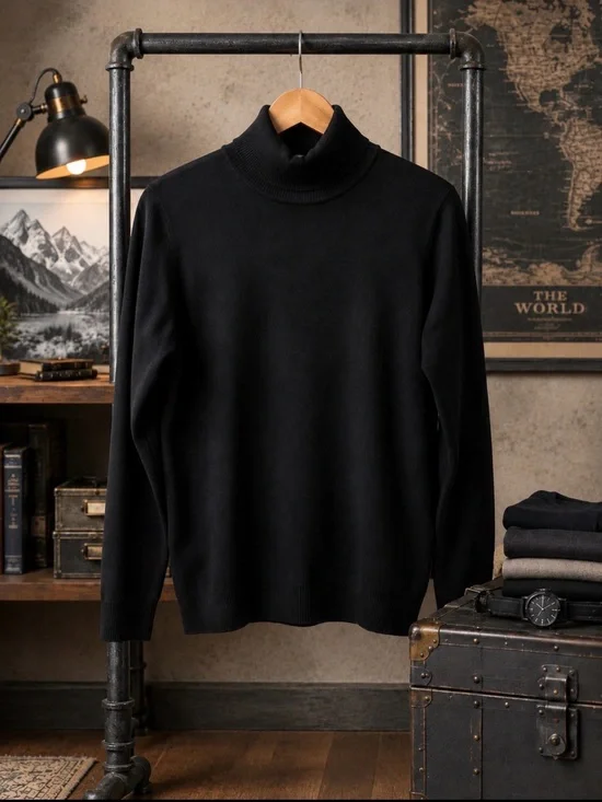 Men's Black mock Turtleneck Sweater - Premium merino wool/ cotton blend size s
