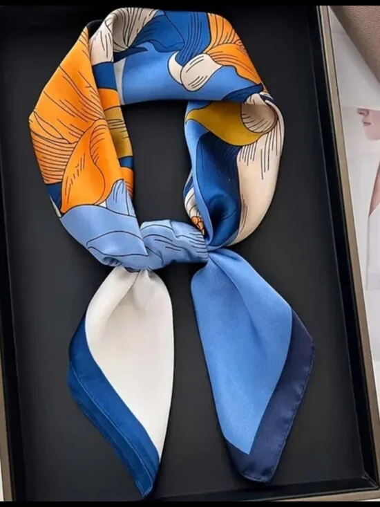 Silk-feel Blue Floral Silk-Feel Scarf  Heaf Scarf, Neck Scarf