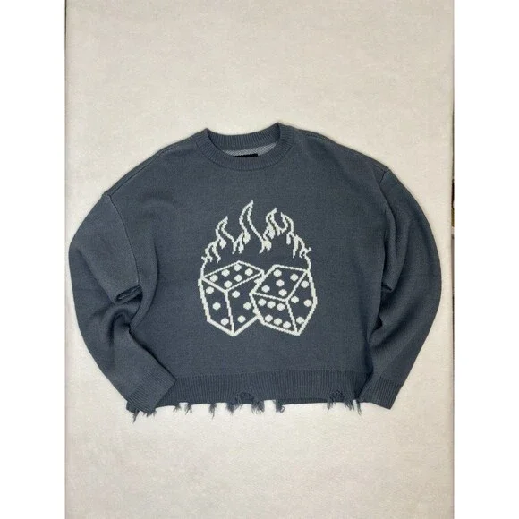 PacSun Flaming Dice Destructed Knit Sweater Blue Grey Grunge Streetwear Men's M