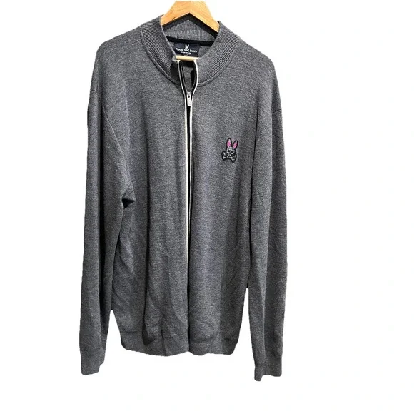 Psycho‎ Bunny Gray Drake Logo Full Zip Merino Wool Men's Sweater Size XXXL