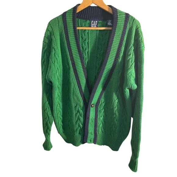 Vintage GAP 90's Y2K Green 💯 Cotton Knit grandpa Cardigan Sweater med preppy