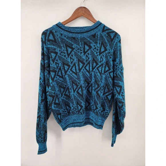 Sassoon Vintage Geometric Abstract Knit Sweater Blue Black Size Medium