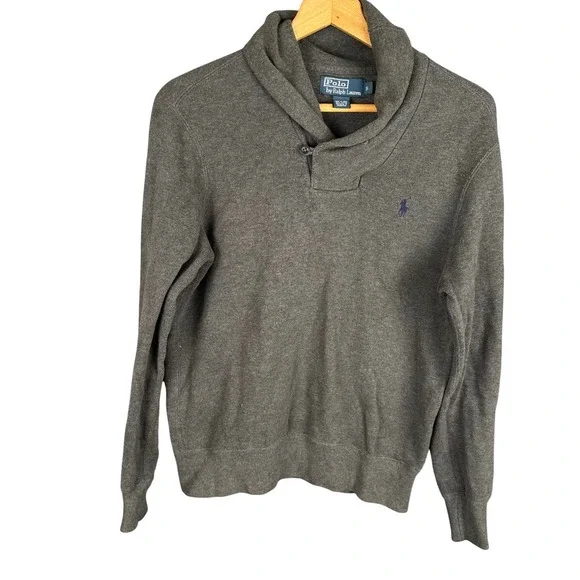 Polo Ralph Lauren Mens Small Grey Cotton Shawl Collar Pullover Sweater Pony Logo