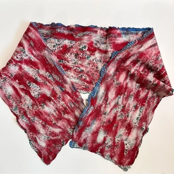Handcrafted wet felted scarf cottagecore print w/ red & white wool felted 12x72”