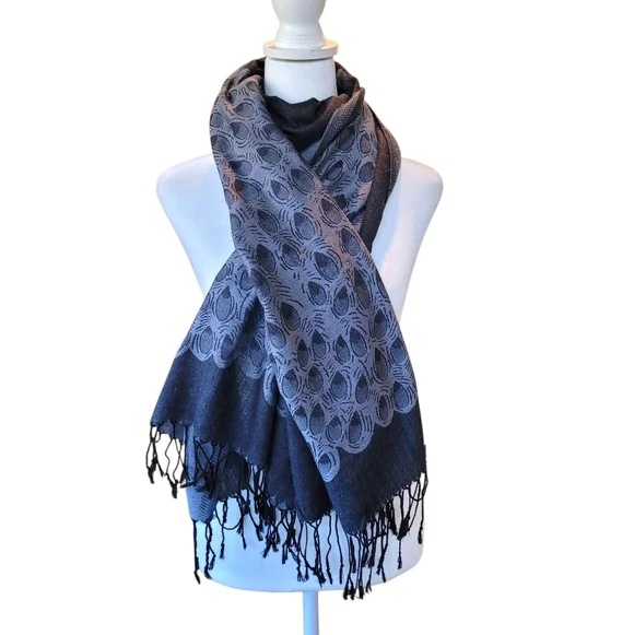 Peacock Pashmina Scarf Gray W Fringe Large