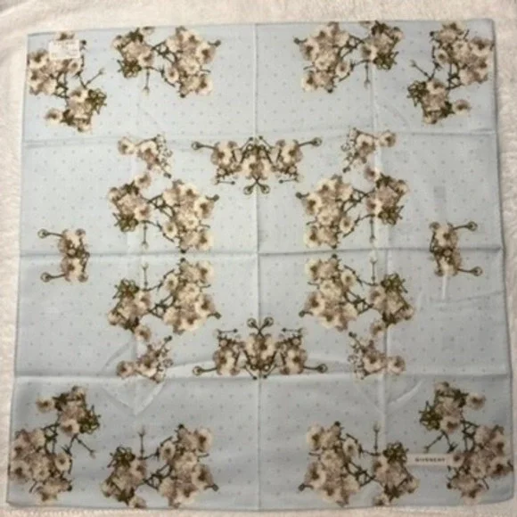Vtg GIVENCHY Scarf Handkerchief Floral Cotton Light Blue 19.5