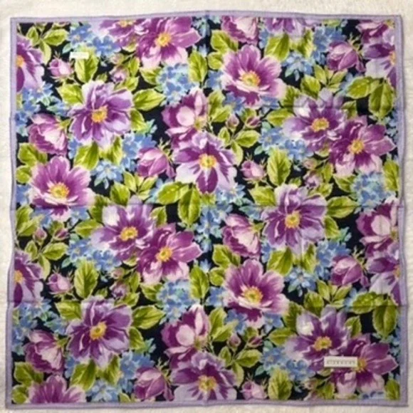 Vtg GIVENCHY Scarf Handkerchief Floral Cotton Purple Blue 18.5