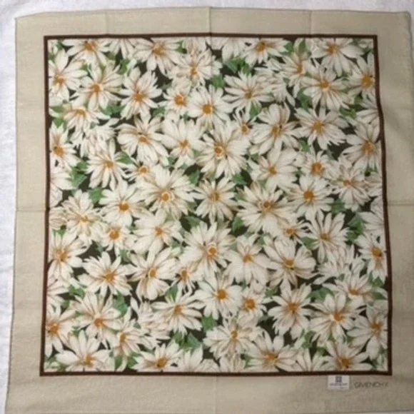 Vtg GIVENCHY Scarf Handkerchief Floral Daisy Cotton Beige 19