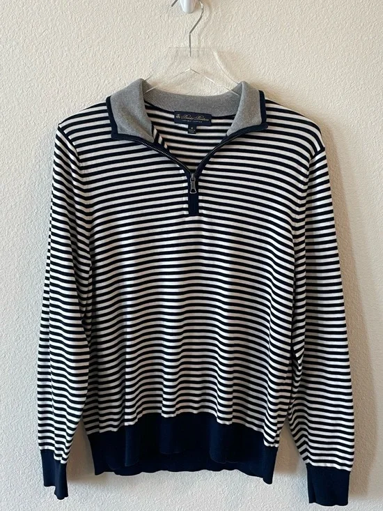 Brooks Brothers Striped Quarter-Zip Pullover Supima Cotton Navy & White M