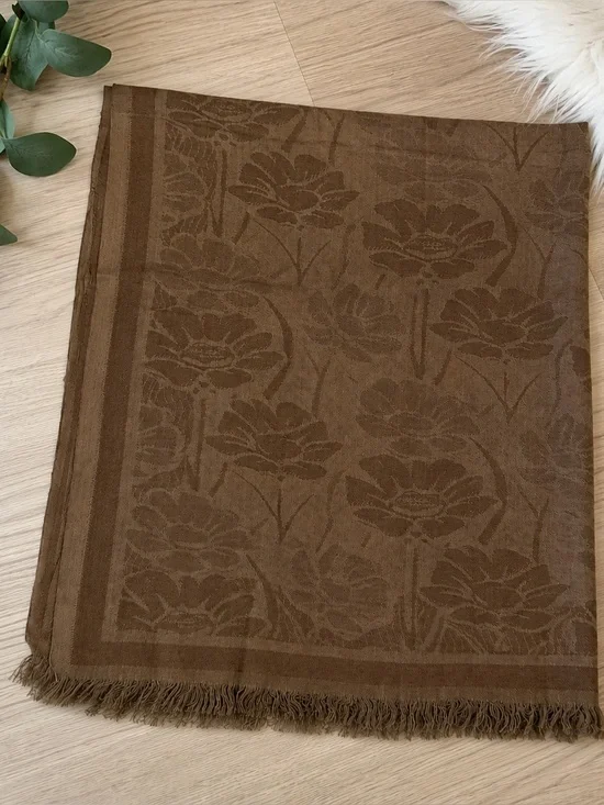 Brown Floral Jacquard Oversized Wrap‎ Scarf Fringe Trim One Size NWOT