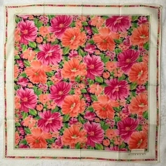 Vtg GIVENCHY Scarf Handkerchief Floral Cotton Pink Orange 18