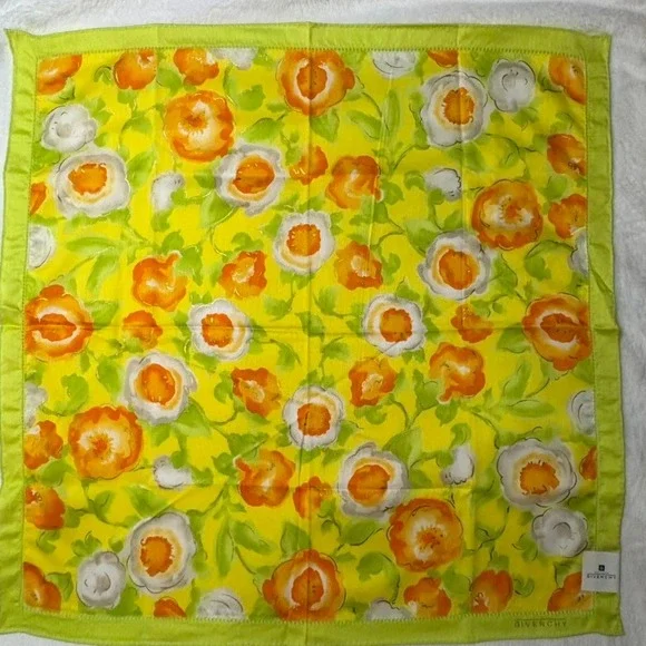 Vtg GIVENCHY Scarf Handkerchief Floral Lime Green Orange 18.5