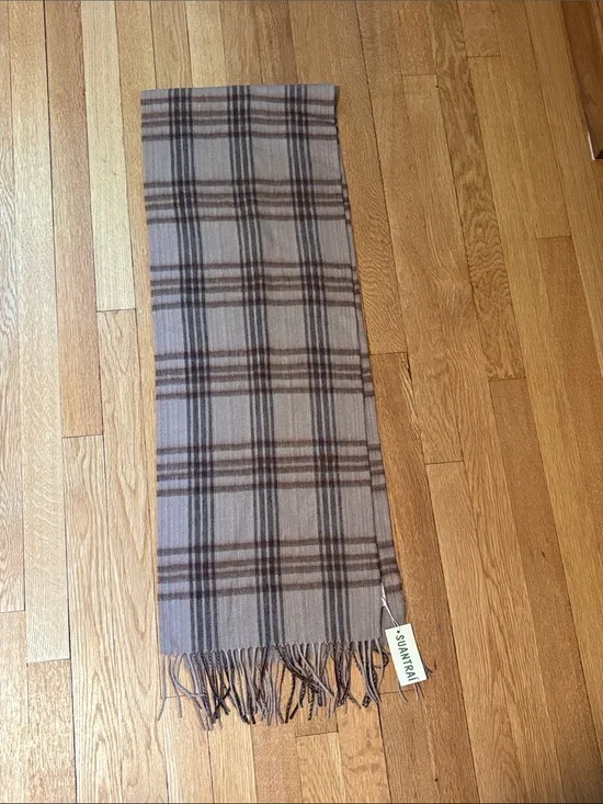 Irish 100% Wool Taupe Plaid Fringe Scarf