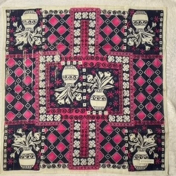 Vtg GIVENCHY Scarf Handkerchief Floral Geometric Pink Navy 18.5