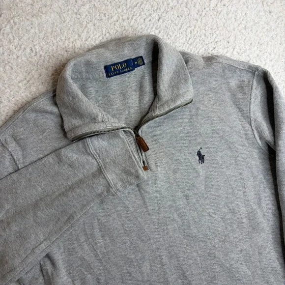Polo Ralph Lauren Mens Quarter Zip Pullover Heather Gray Ribbed Cotton Size M