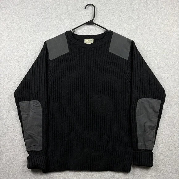 LL Bean Commando Sweater Mens Large Black Merino Lambswool Ribbed Crewneck Heavy