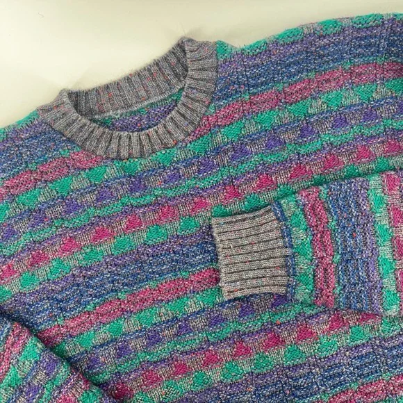 Vintage Wool Knit‎ Sweater Oversized Striped Geometric Crew Neck Teal Purple M/L