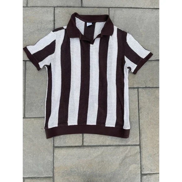 Zara Men’s Polo Shirt Sweater Knitted Brown/Creme Striped Size Large