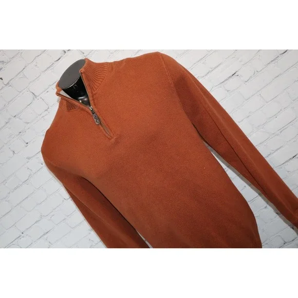 Eddie Bauer 1/4 Zip Sweater Mens LT Tall Large Orange Cotton Ribbed Pullover