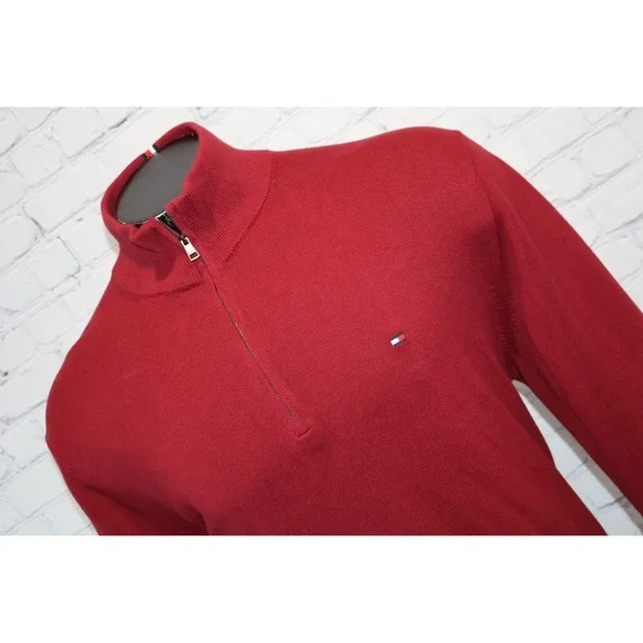 Tommy Hilfiger Sweater Mens XXL Red 1/4 Zip Cotton Pullover Logo Mock Neck