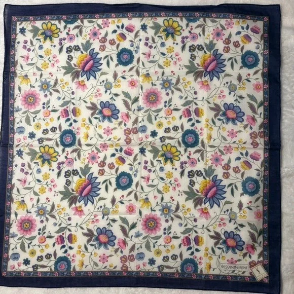 Vtg YVES SAINT LAURENT Scarf Handkerchief Floral Cotton Navy Blue 18.5