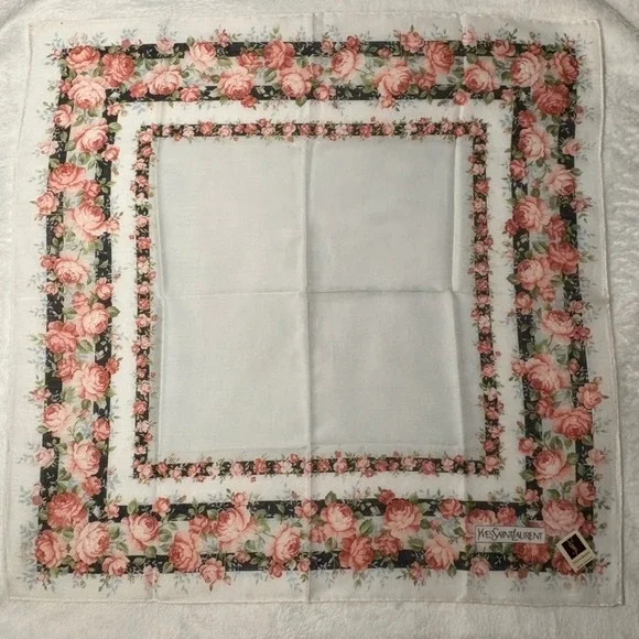 Vtg YVES SAINT LAURENT Scarf Handkerchief Floral Rose Cotton White 19.5
