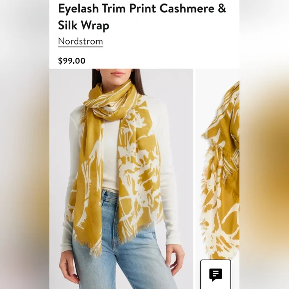 Nwot Nordstrom Mustard Leaf Print‎ Lightweight Scarf