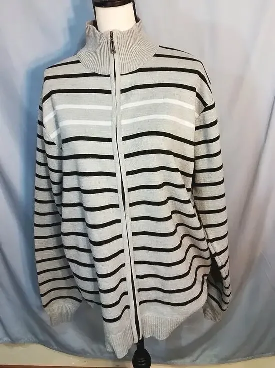 True Rock cardigan , Gray with black and white striper.