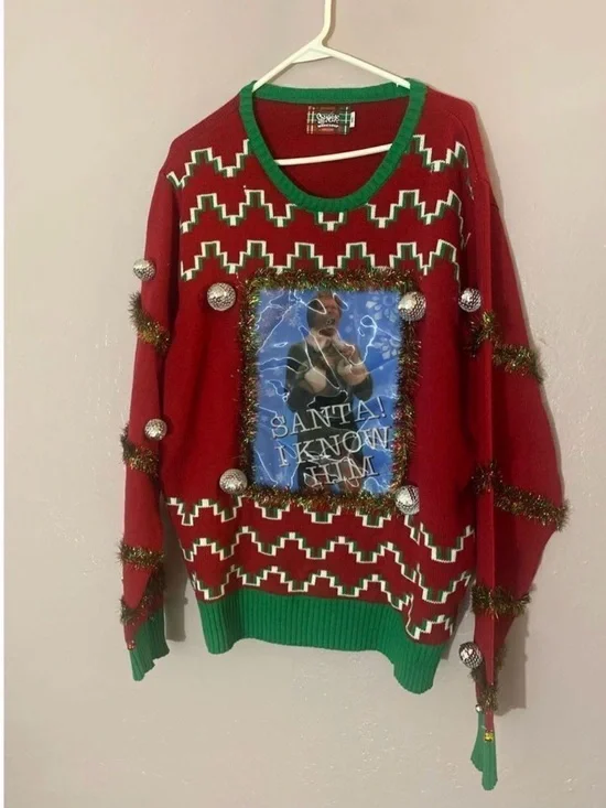 Spencer's Red and Green Novelty Christmas Sweater with Tinsel and Ornaments