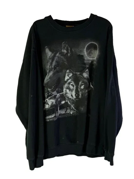 Vintage 90s Nature Crewneck Sweatshirt Wolves Moon Faded Streetwear