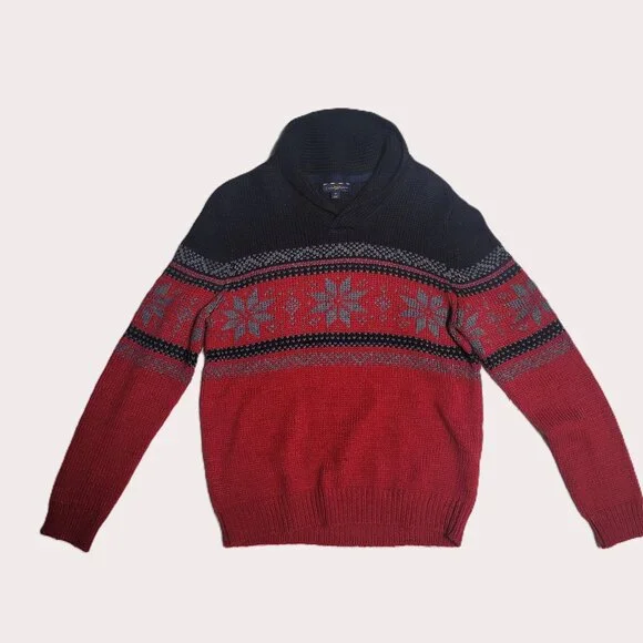 Club Room Men’s M Shawl Collar Fair Isle Sweater Red Black Winter Knit