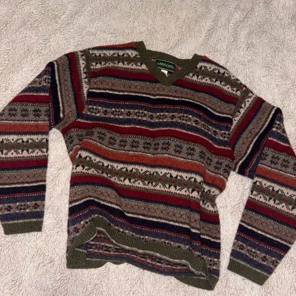 Womens V-Neck Vintage Sweater in Olive, Navy & Rust