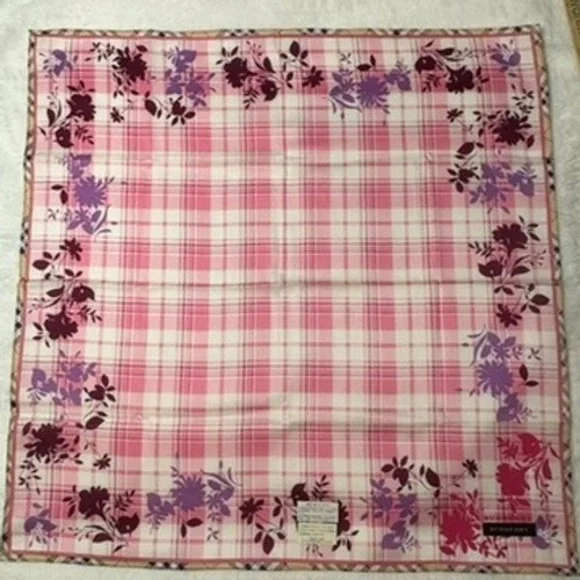 Vtg BURBERRY Scarf Handkerchief Plaid Floral Cotton Pink 19.5