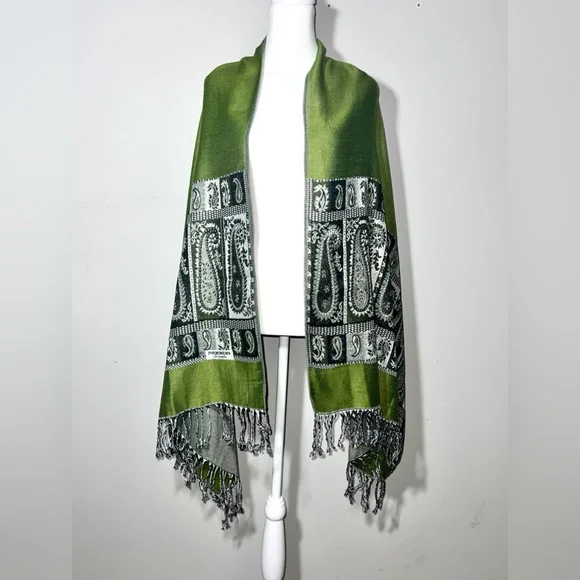 Women's Paisley Green Pashmina Shawl Wrap Scarf Long Fringe