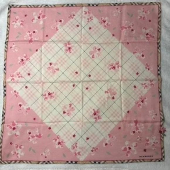 Vtg BURBERRY Scarf Handkerchief Cherry Blossom Floral Pink Cream 19