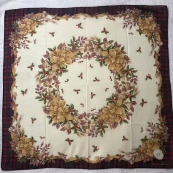 Vtg CHRISTIAN DIOR Scarf Handkerchief Floral Plaid Red Cream 18.5