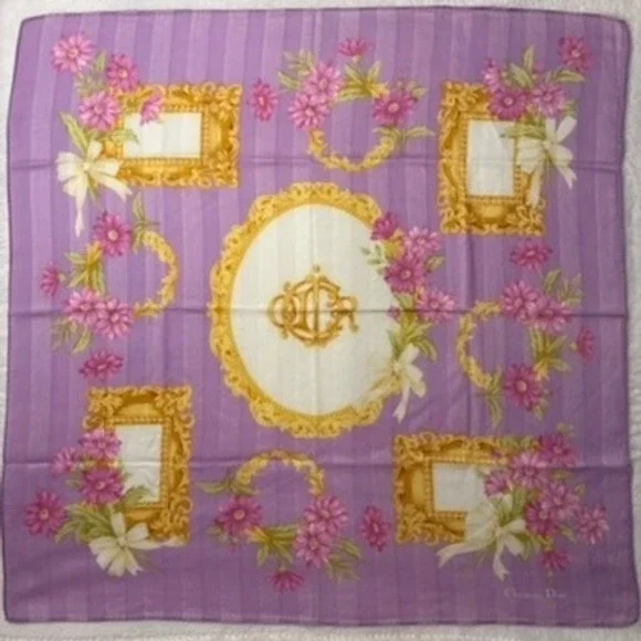 Vtg CHRISTIAN DIOR Scarf Handkerchief Floral Purple Gold 18.5