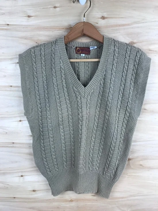Vintage Sweater Vest Unisex Medium Brown Tan Cable Knit Breeches Hong Kong 80s