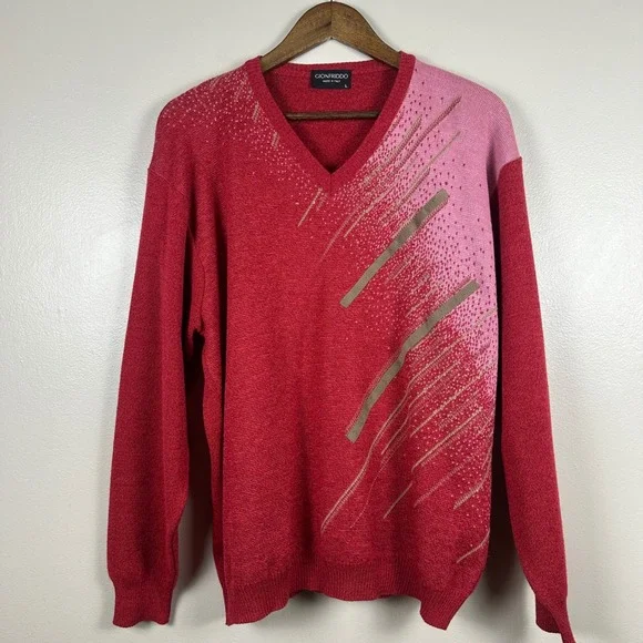 Gionfriddo Men's L V-Neck Sweater Red Pink Geometric Merino Wool Made in Italy