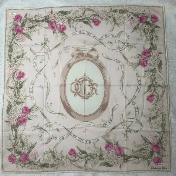 Vtg CHRISTIAN DIOR Scarf Handkerchief Floral Logo Cotton Pink 19