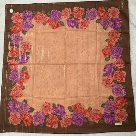Vtg CHRISTIAN DIOR Scarf Handkerchief Floral Rose Brown Pink Purple 20.5