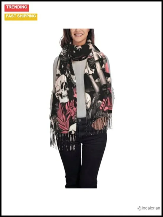 Oversized Skull Mushroom Hippie Scarf with Tassels Women's Festival Wrap