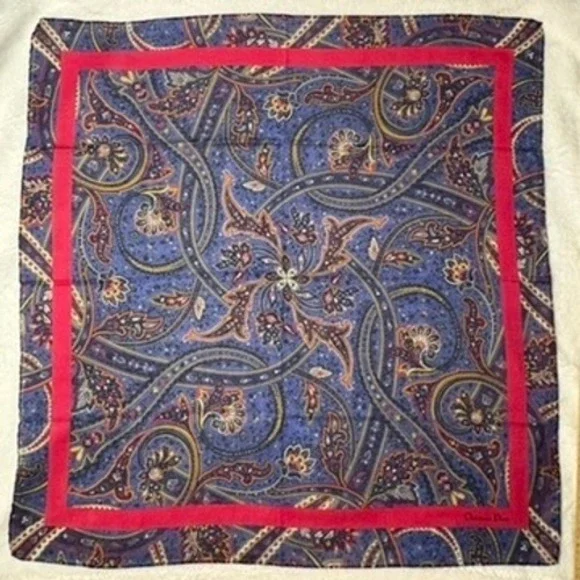 Vtg CHRISTIAN DIOR Scarf Handkerchief Paisley Blue Red 21