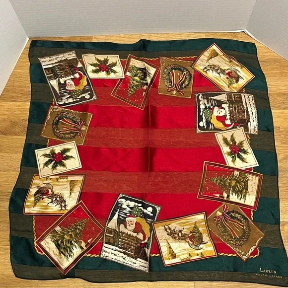 Lauren Ralph Lauren 100% Silkisoie Red & Green Christmas Postcards Square Scarf