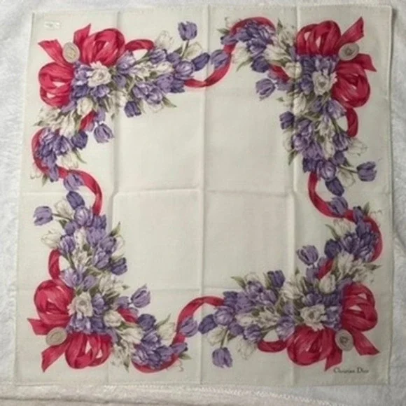 Vtg CHRISTIAN DIOR Scarf Handkerchief Floral Tulip White Purple Red Gold 19